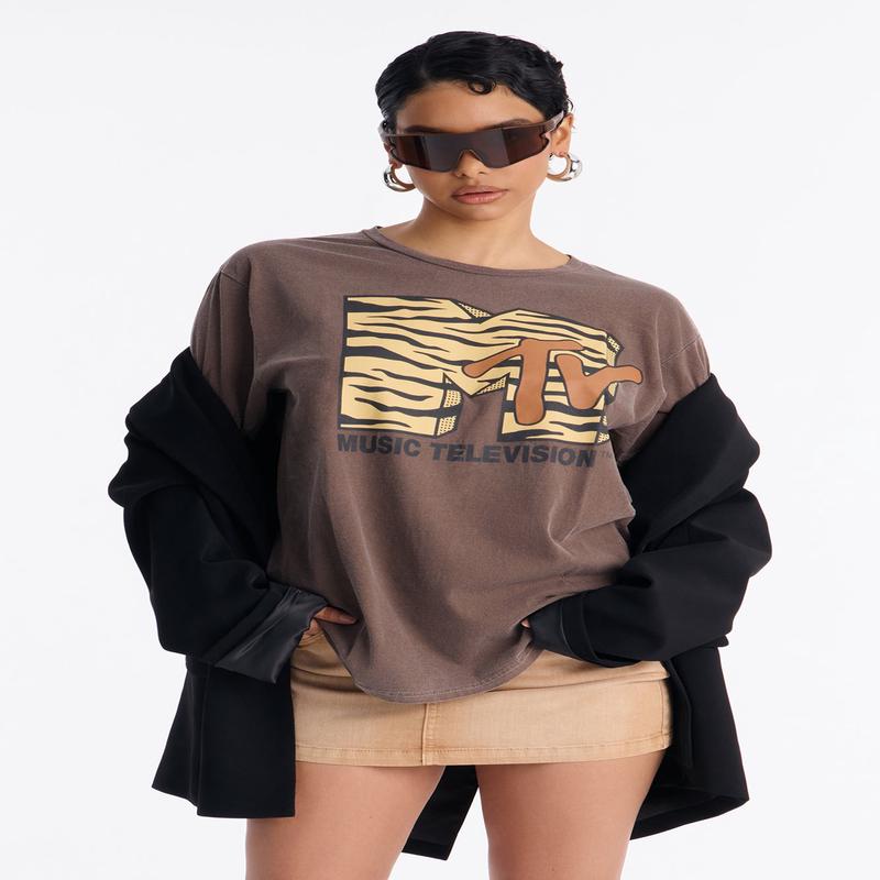 Mtv Zebra Vibes Washed Oversize Tee - Brown