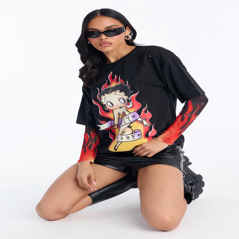 Betty Boop Distressed Mesh Sleeves Tshirt - Black