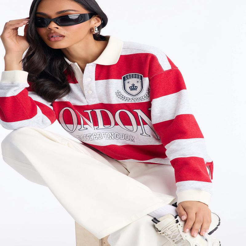 London Striped Long Sleeve Embroidered Polo - Red